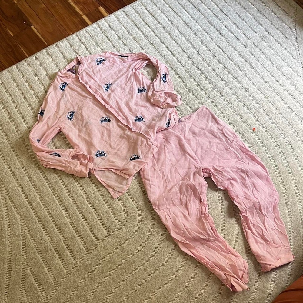CJ Laing Crab Embroidery Women's Size M 100% linen Pink set Summer Boho Indie